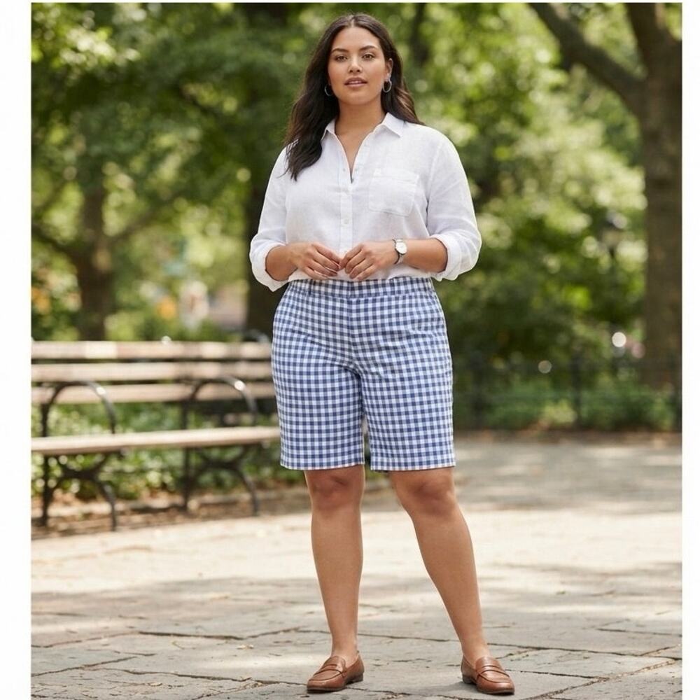St Johns Bay Womens Bermuda Shorts Blue Gingham Secretly Slender NEW PLUS 22W